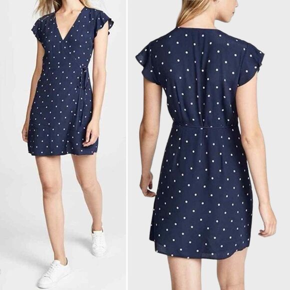 Rails Brenna Wrap Dress Navy & White Polka Dot Flutter Sleeve Mini Dress Size XS - Picture 1 of 13